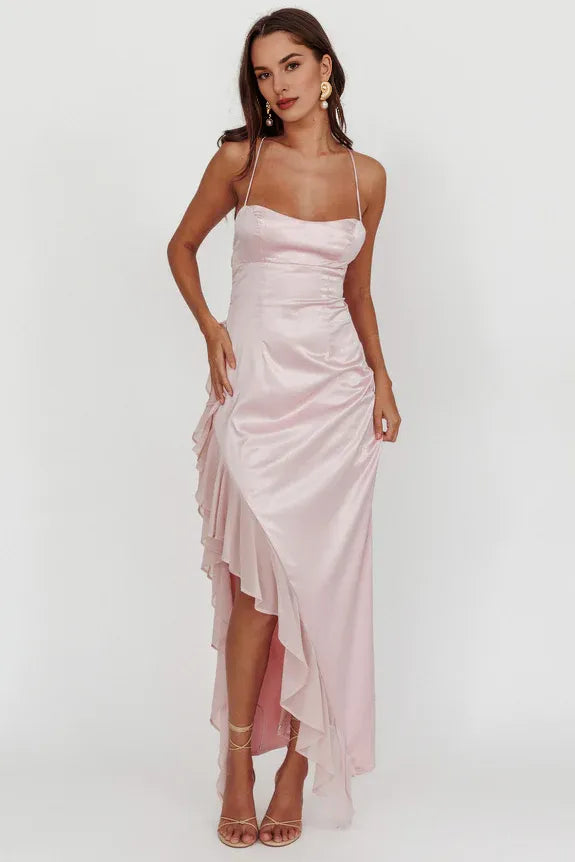 Spaghetti Straps Ruffle Satin Cheek Maxi Evening Dress With Asymmetric Hem