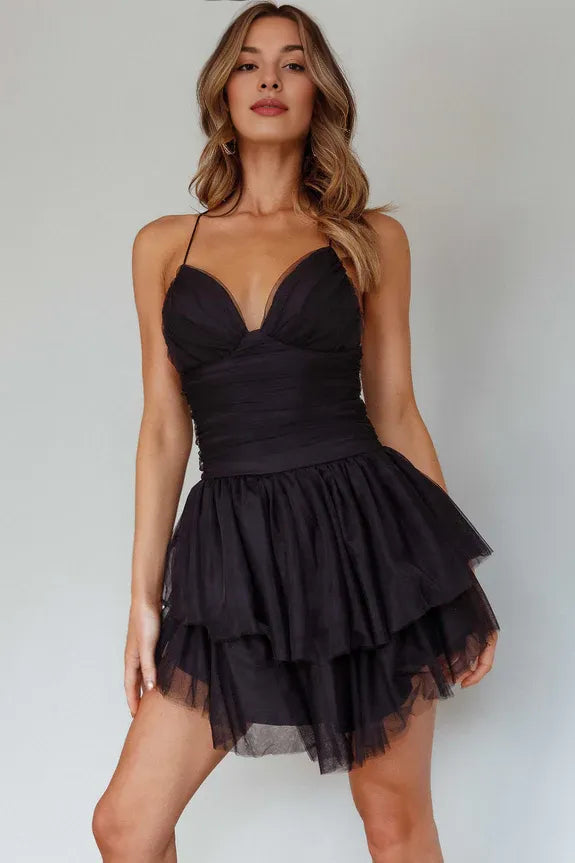 Spaghetti Straps Ruffle Tiered Ruched Mesh Barbie Pink Mini Homecoming Dress