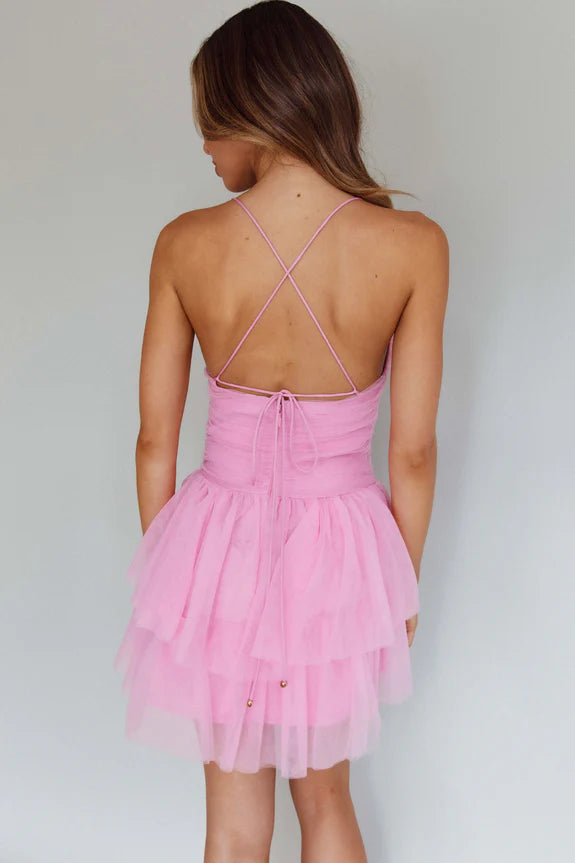 Spaghetti Straps Ruffle Tiered Ruched Mesh Barbie Pink Mini Homecoming Dress