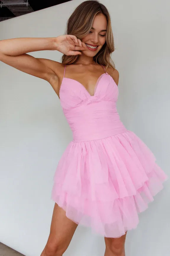 Spaghetti Straps Ruffle Tiered Ruched Mesh Barbie Pink Mini Homecoming Dress