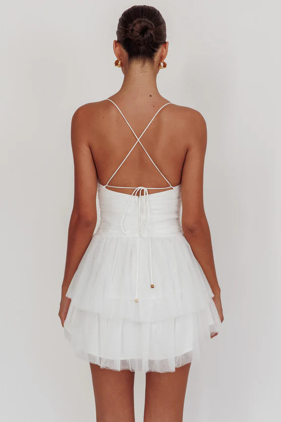 Spaghetti Straps Ruffle Tiered Ruched Mesh White Mini Homecoming Dress