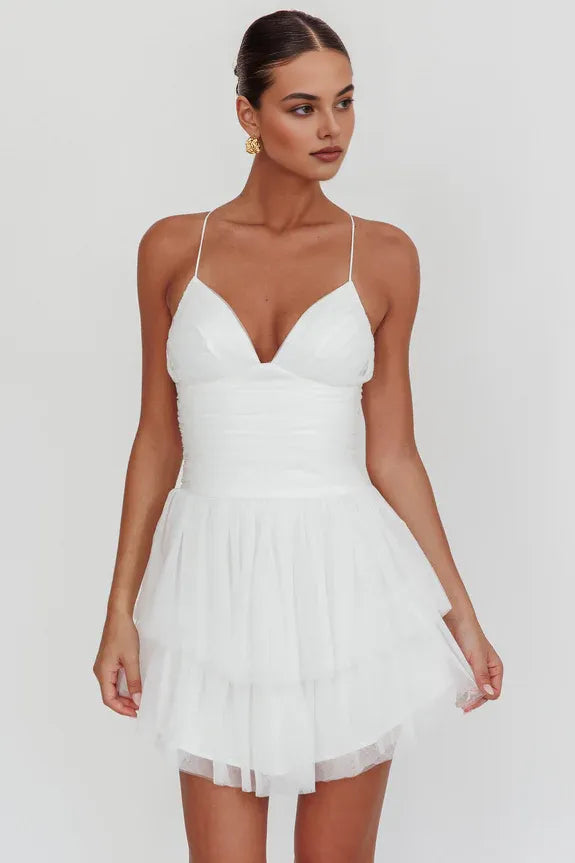 Spaghetti Straps Ruffle Tiered Ruched Mesh White Mini Homecoming Dress