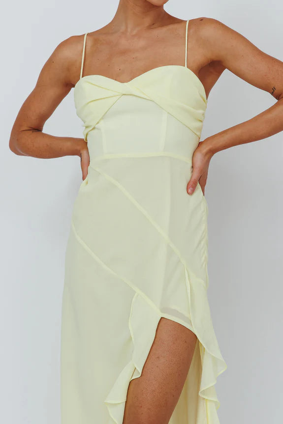 Spaghetti Straps Ruffle Trim Split Chiffon Yellow Evening Dress Prom Dress