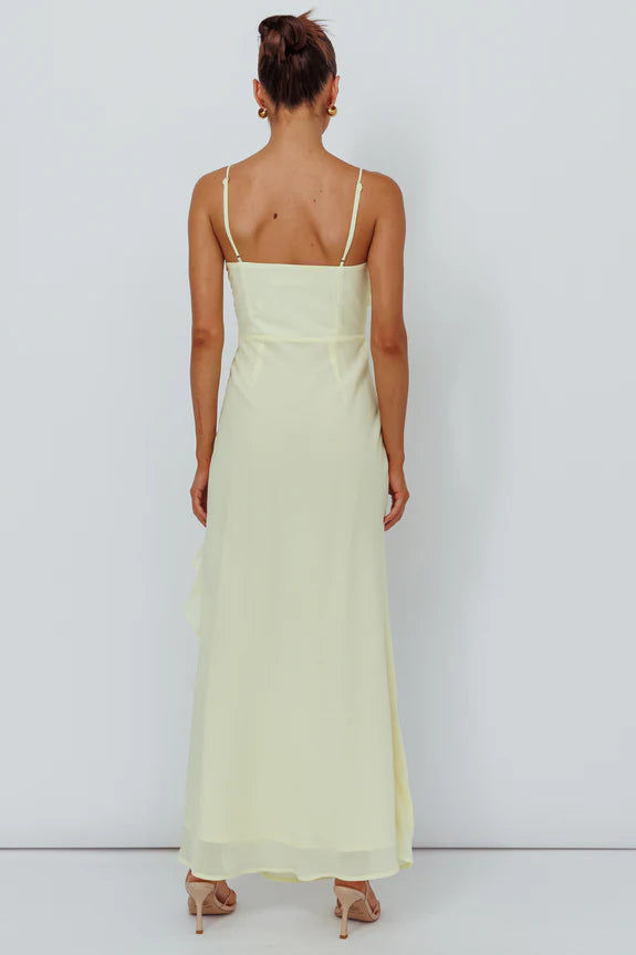 Spaghetti Straps Ruffle Trim Split Chiffon Yellow Evening Dress Prom Dress