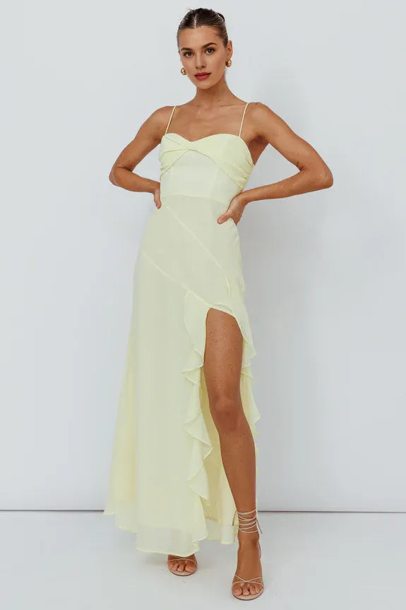 Spaghetti Straps Ruffle Trim Split Chiffon Yellow Evening Dress Prom Dress