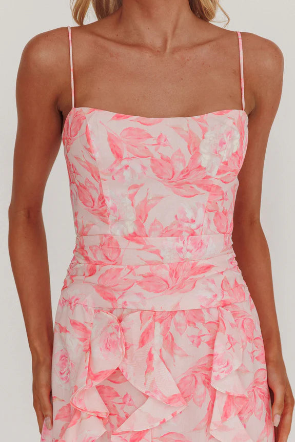 Spaghetti Straps Ruffle Trim Split Pink Maxi Evening Dress Garden Party