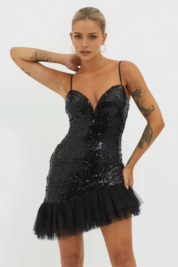 Spaghetti Straps Ruffle Tulle Hem Sequin Black Mini Homecoming Dress