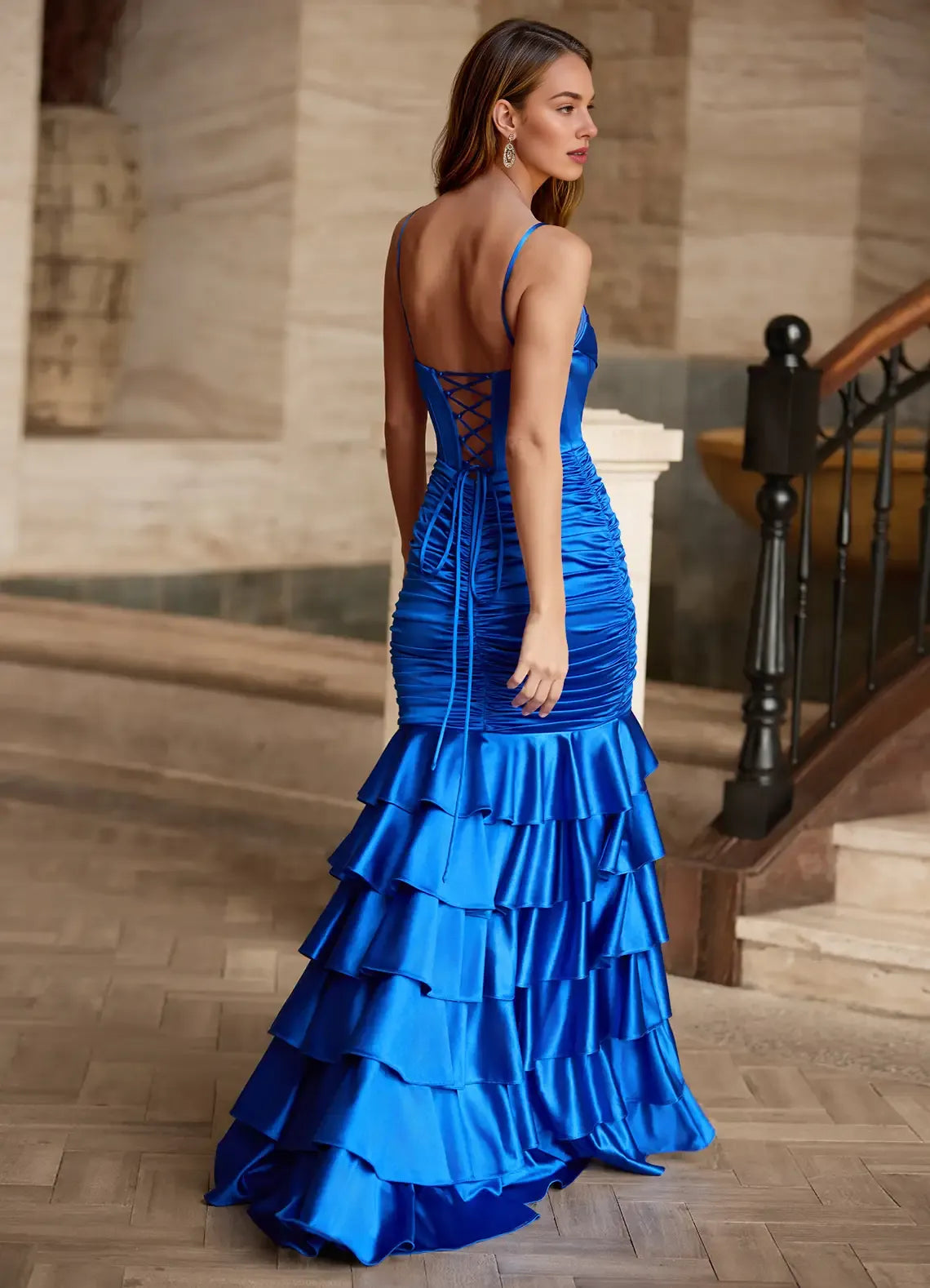 Spaghetti Straps Ruffles Tiered Satin Royal Blue Floor Length Prom Dress