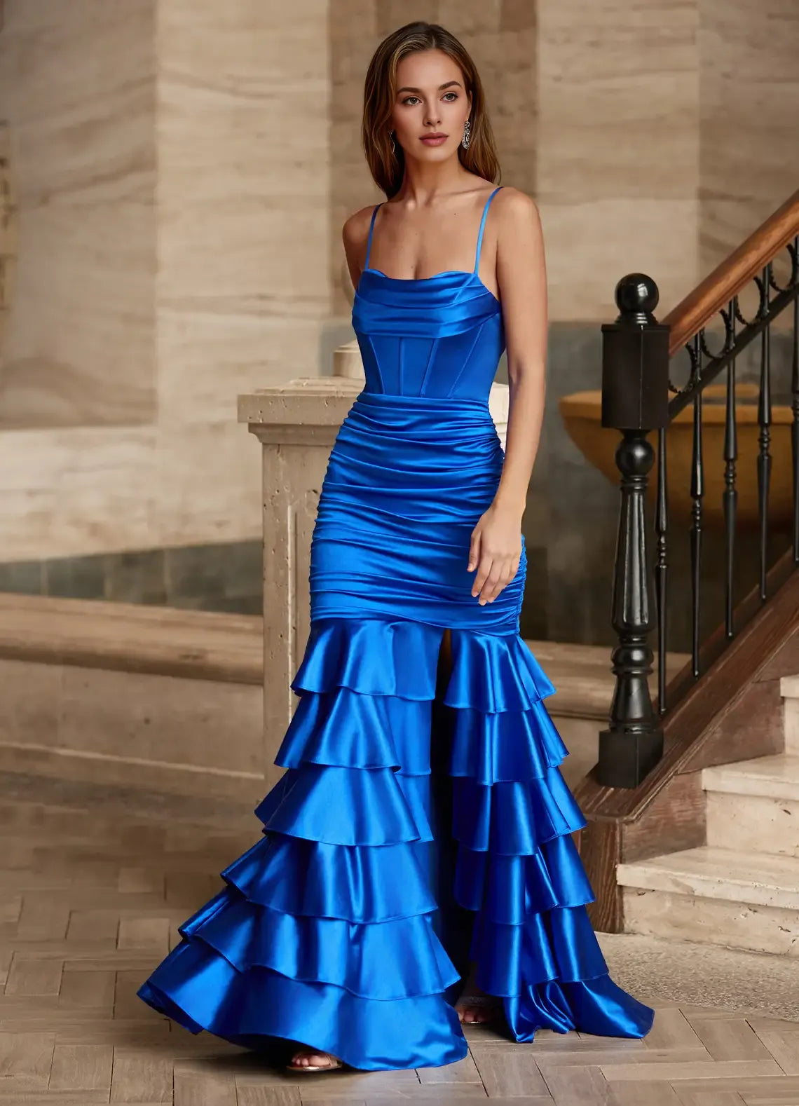 Spaghetti Straps Ruffles Tiered Satin Royal Blue Floor Length Prom Dress