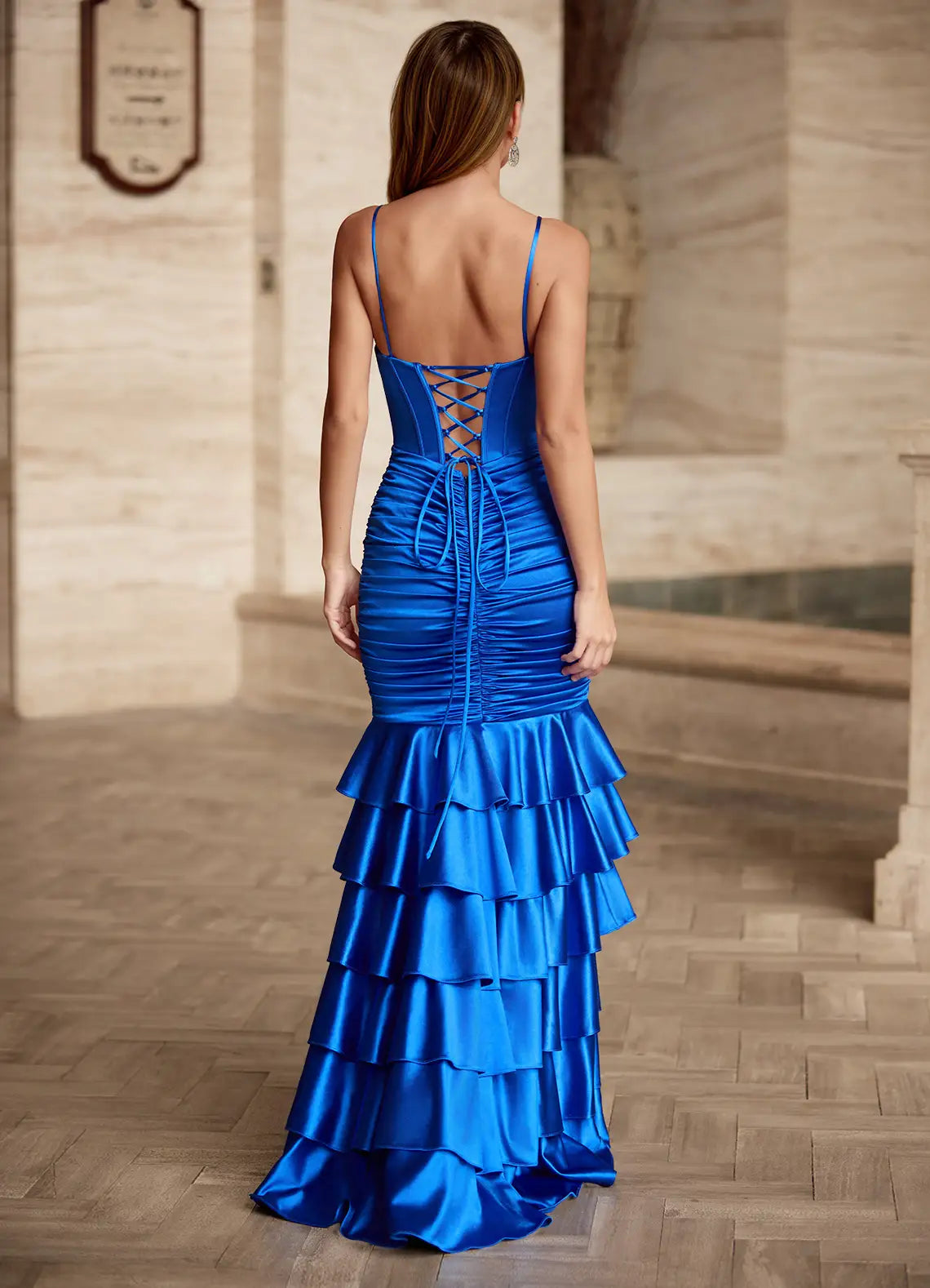 Spaghetti Straps Ruffles Tiered Satin Royal Blue Floor Length Prom Dress