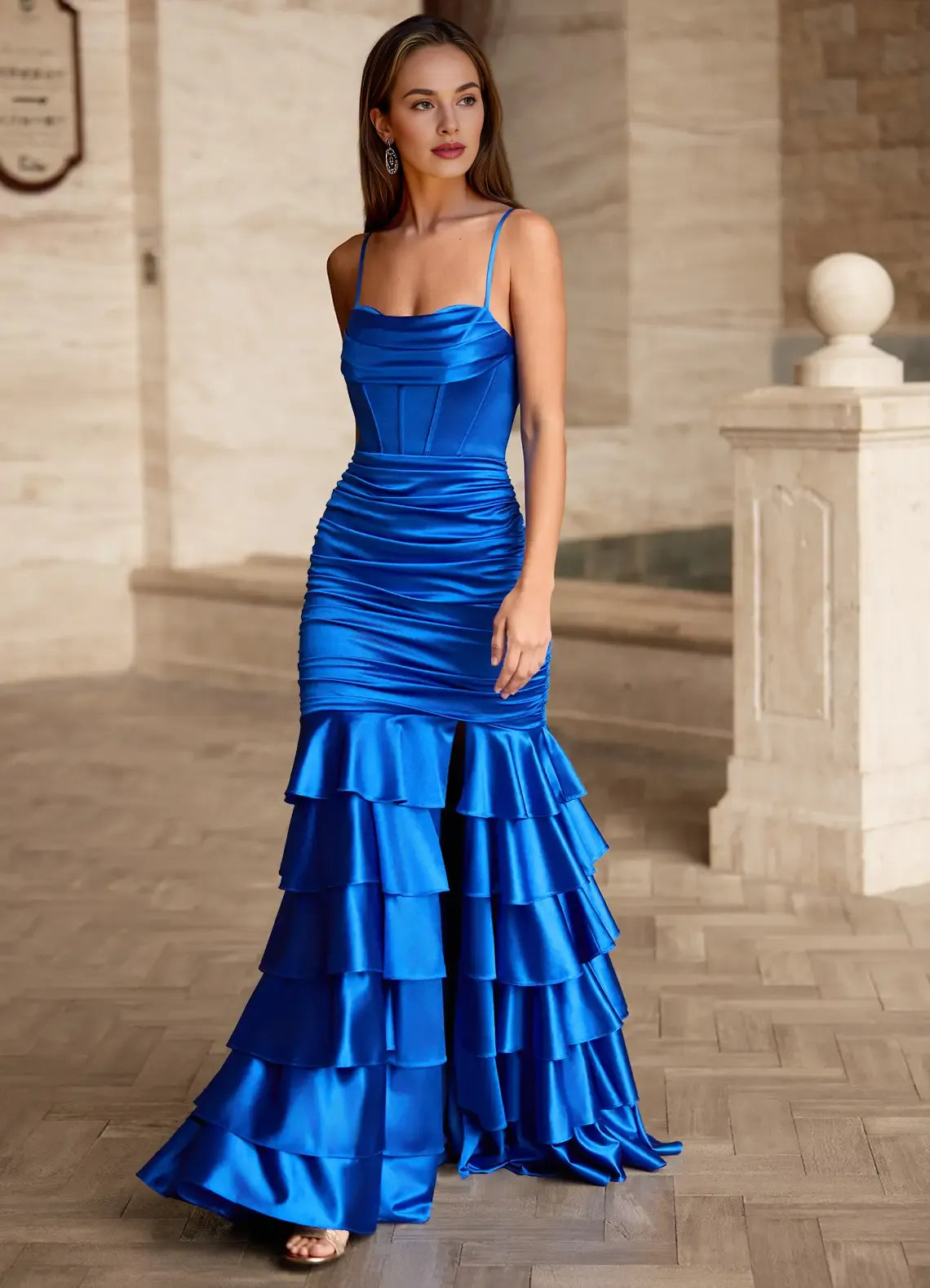 Spaghetti Straps Ruffles Tiered Satin Royal Blue Floor Length Prom Dress
