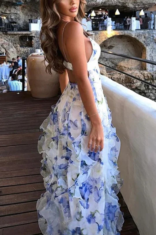 Spaghetti Straps Ruffles V-Neck Print Formal Prom Party Dress