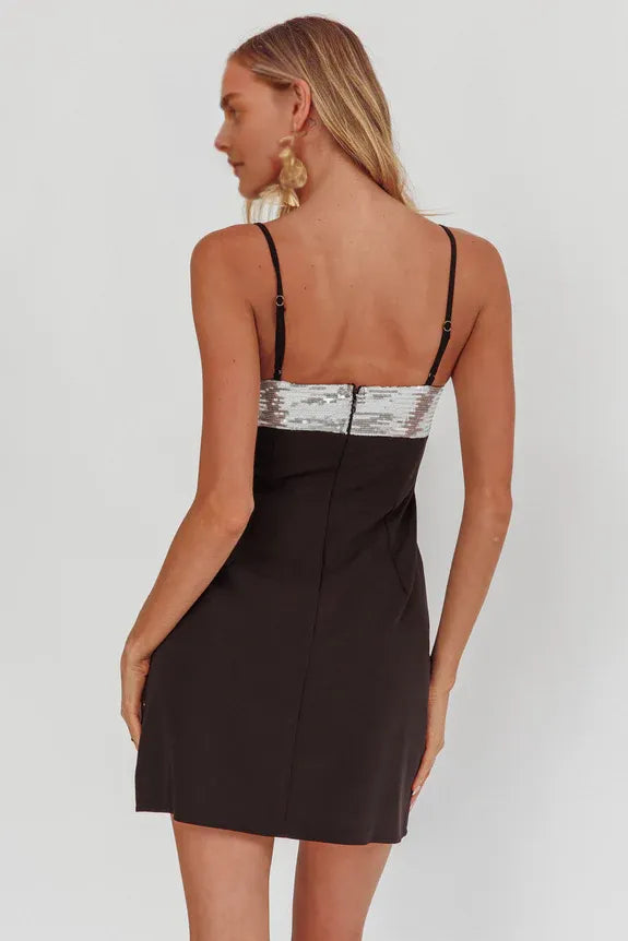 Spaghetti Straps Sequin Twist Black And Silver Mini Homecoming Dress