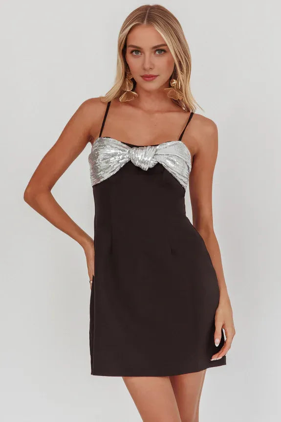 Spaghetti Straps Sequin Twist Black And Silver Mini Homecoming Dress