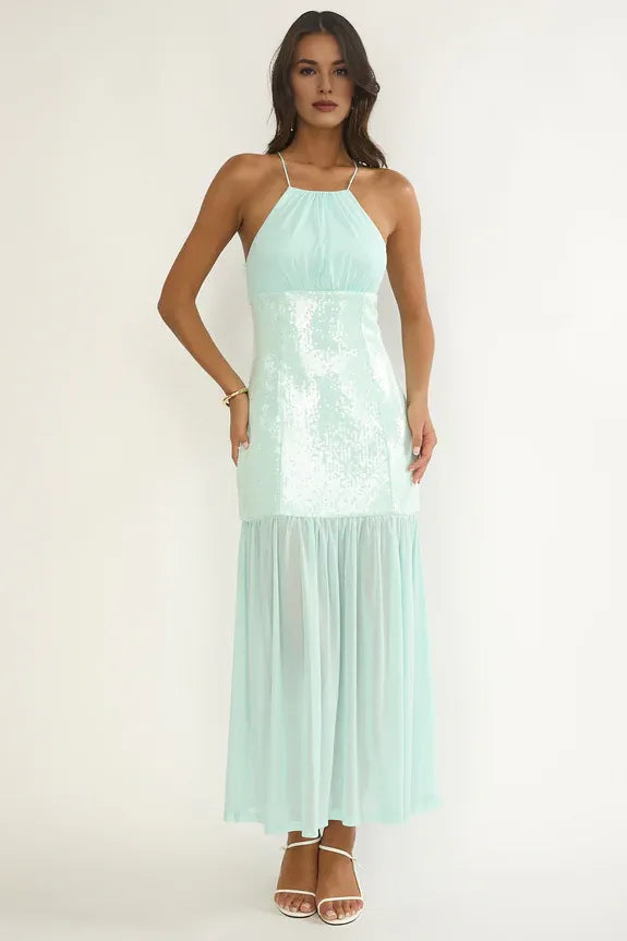Spaghetti Straps Sheer Sequin Bodice Mint Maxi Evening Dress For Women