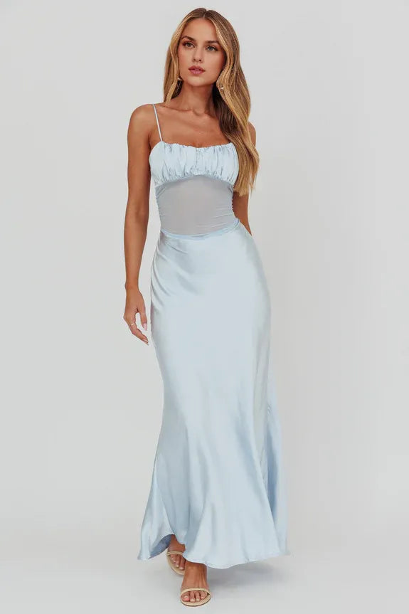 Spaghetti Straps Sheer Waist Back Twist Blue Maxi Homecoming Dress Prom Dress