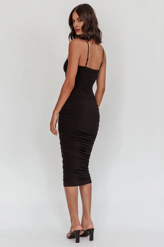 Spaghetti Straps Sheer Waist Gathered Black Midi Evening Dress For Women