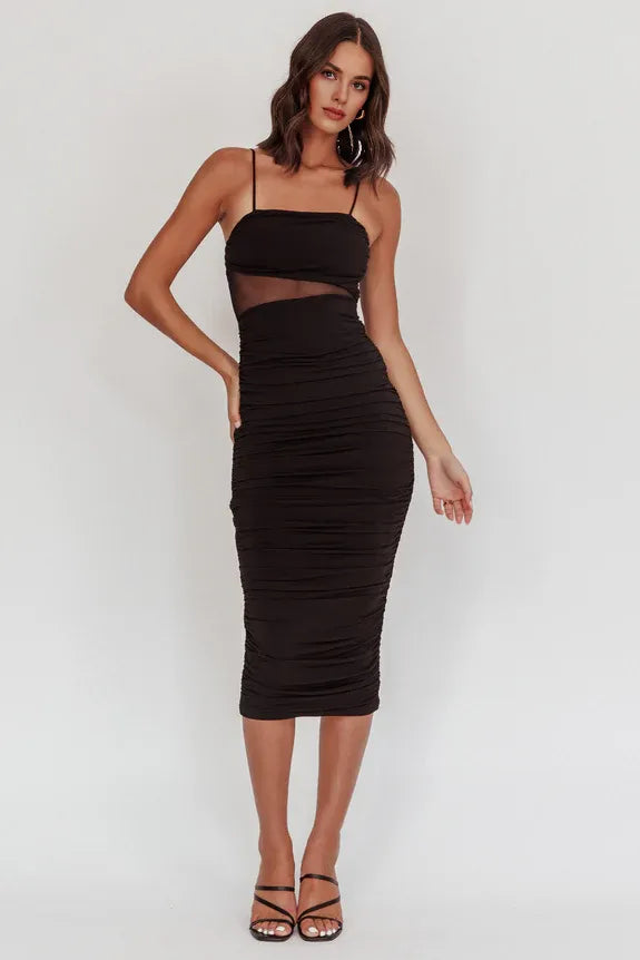 Spaghetti Straps Sheer Waist Gathered Black Midi Evening Dress For Women