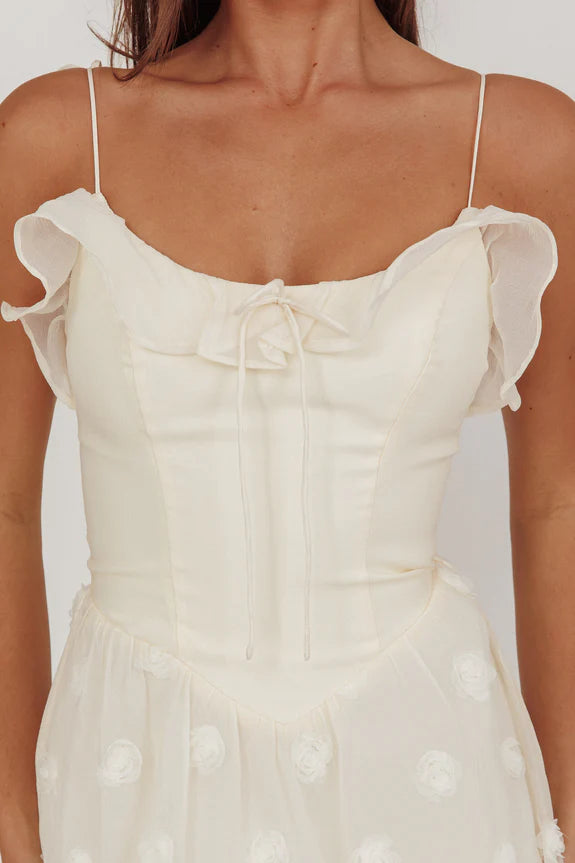 Spaghetti Straps Tie Applique Ruffle trim Cream Midi Evening Dress For Women