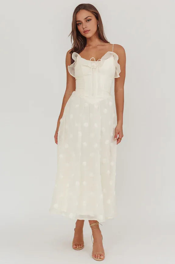 Spaghetti Straps Tie Applique Ruffle trim Cream Midi Evening Dress For Women