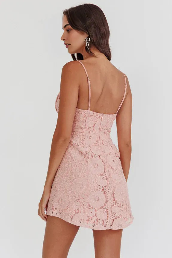 Spaghetti Straps Tie Bust Cutout Lace Overlay Pink Mini Homecoming Dress