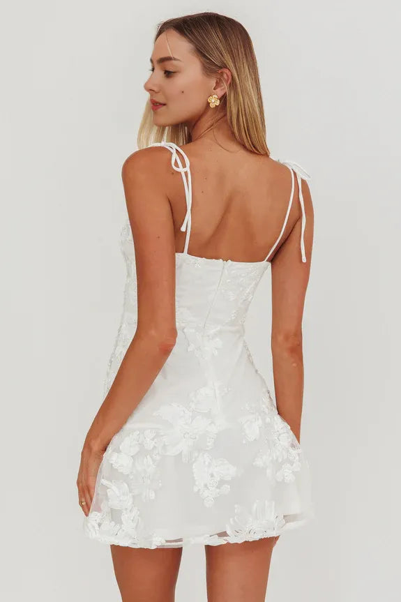 Spaghetti Straps Tie Floral Prints tulle White Mini Homecoming Dress