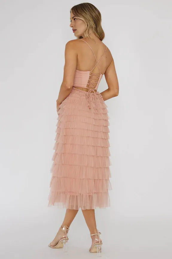 Spaghetti Straps Tiered Frill Tie Blush Midi Prom Dress Evening Dress