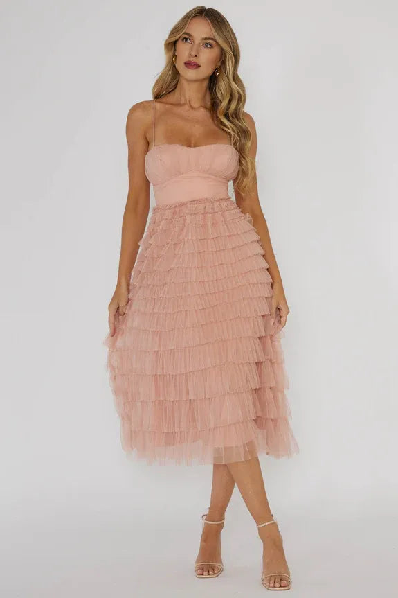 Spaghetti Straps Tiered Frill Tie Blush Midi Prom Dress Evening Dress