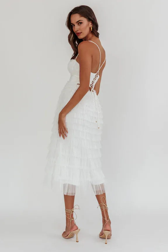 Spaghetti Straps Tiered Frill Tie White Midi Prom Dress Evening Dress