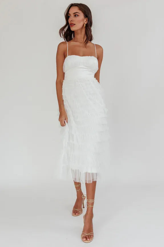 Spaghetti Straps Tiered Frill Tie White Midi Prom Dress Evening Dress