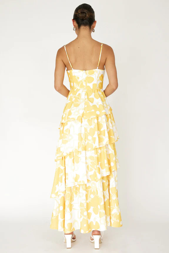 Spaghetti Straps Tiered Layered Floral Print Yellow Maxi Evening Dress Garden Party