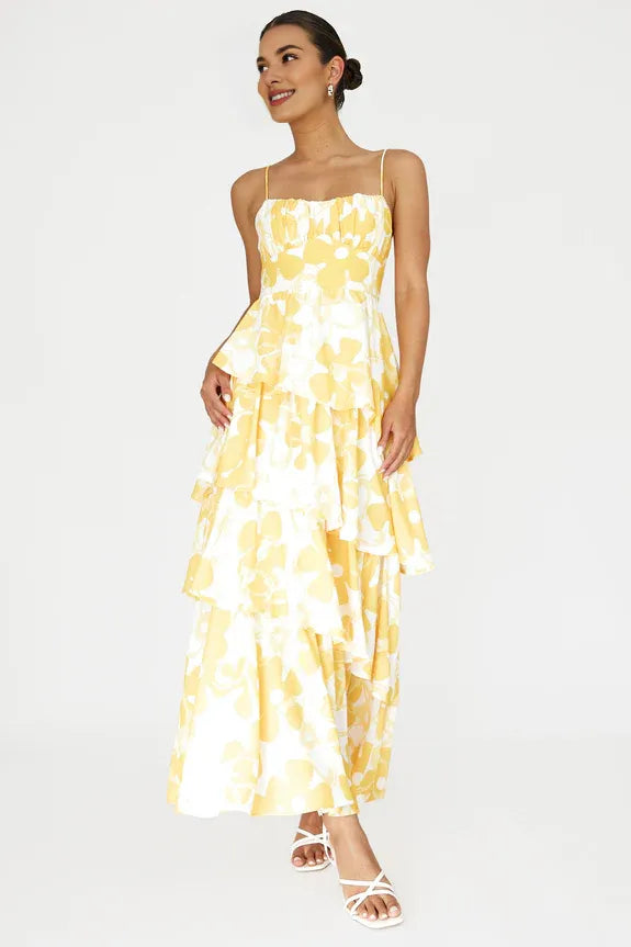 Spaghetti Straps Tiered Layered Floral Print Yellow Maxi Evening Dress Garden Party