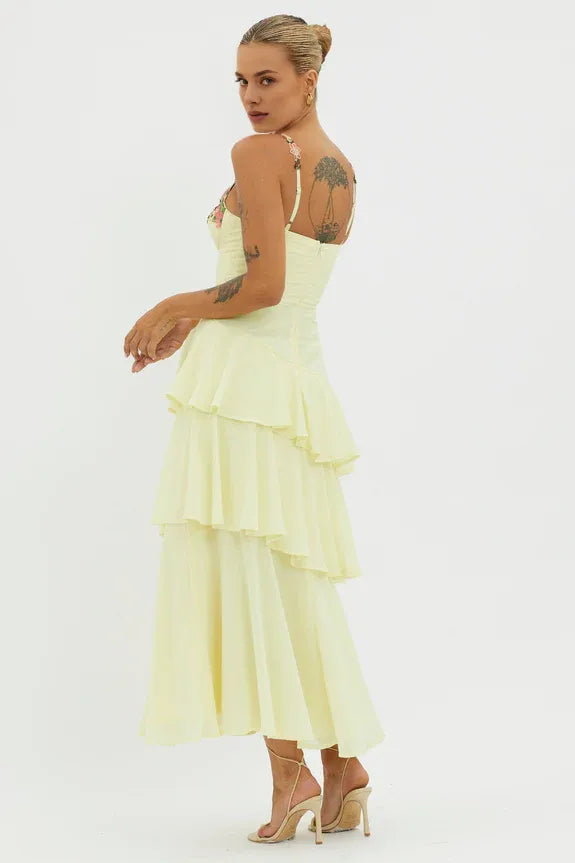 Spaghetti Straps Tiered Ruffle Floral Trim Lemon Evening Dress For Women