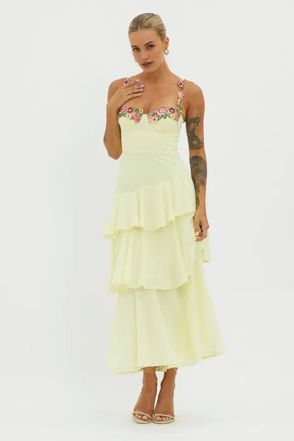 Spaghetti Straps Tiered Ruffle Floral Trim Lemon Evening Dress For Women