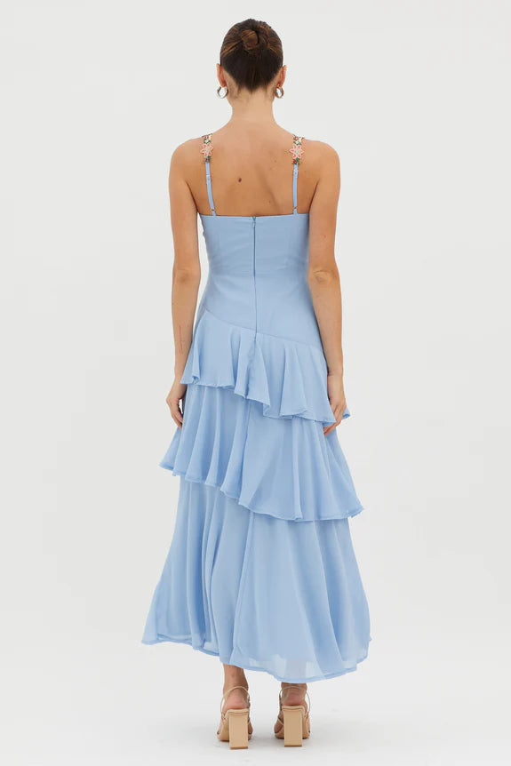 Spaghetti Straps Tiered Ruffle Rose Floral Trim Blue Evening Dress Prom Dress