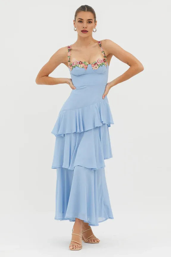 Spaghetti Straps Tiered Ruffle Rose Floral Trim Blue Evening Dress Prom Dress