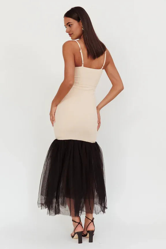 Spaghetti Straps Tulle Hem Beige Combo Maxi Homecoming Dress Prom Dress