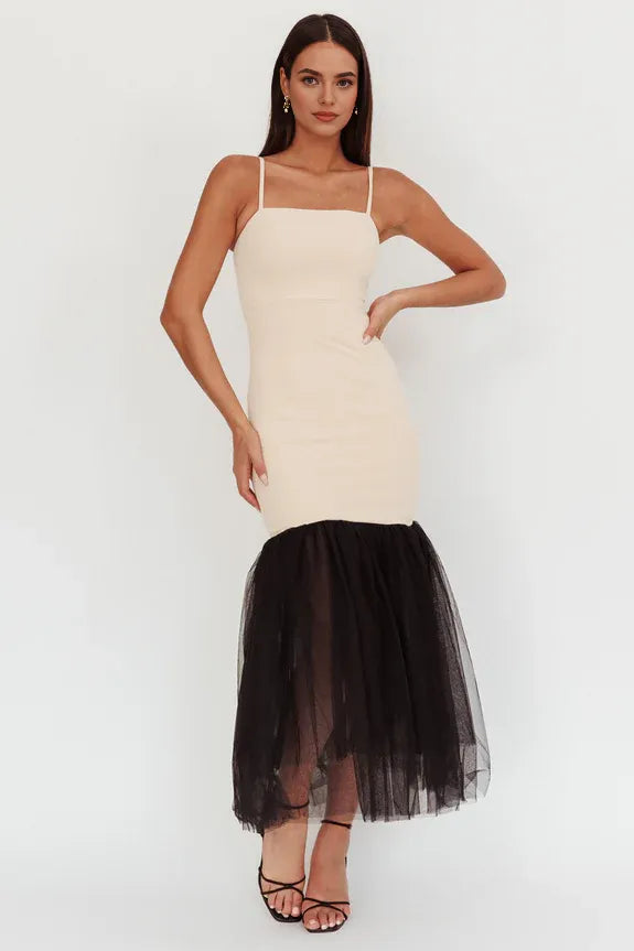 Spaghetti Straps Tulle Hem Beige Combo Maxi Homecoming Dress Prom Dress