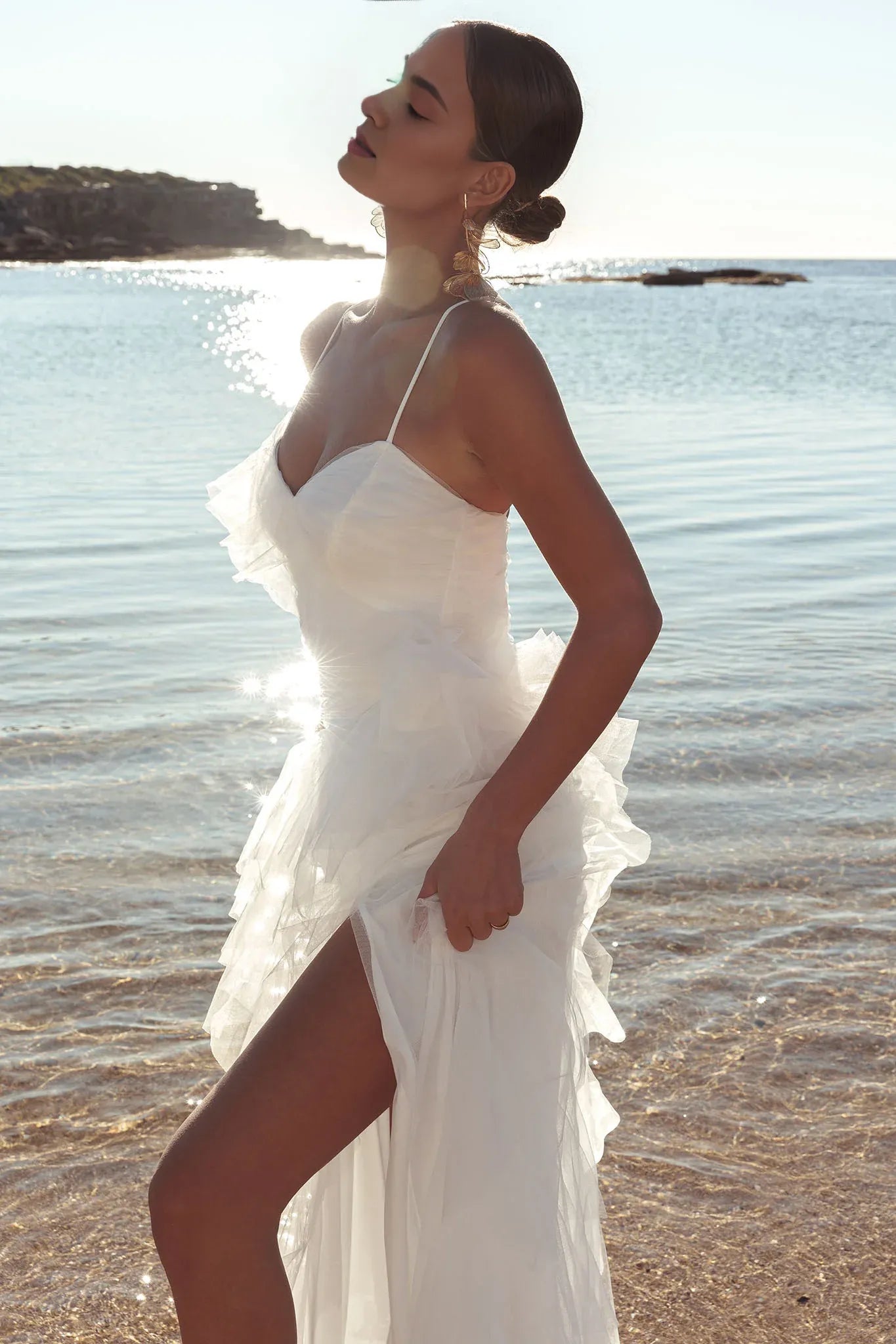 Spaghetti Straps Tulle Off White Maxi Evening Dress Party Dress With Slit