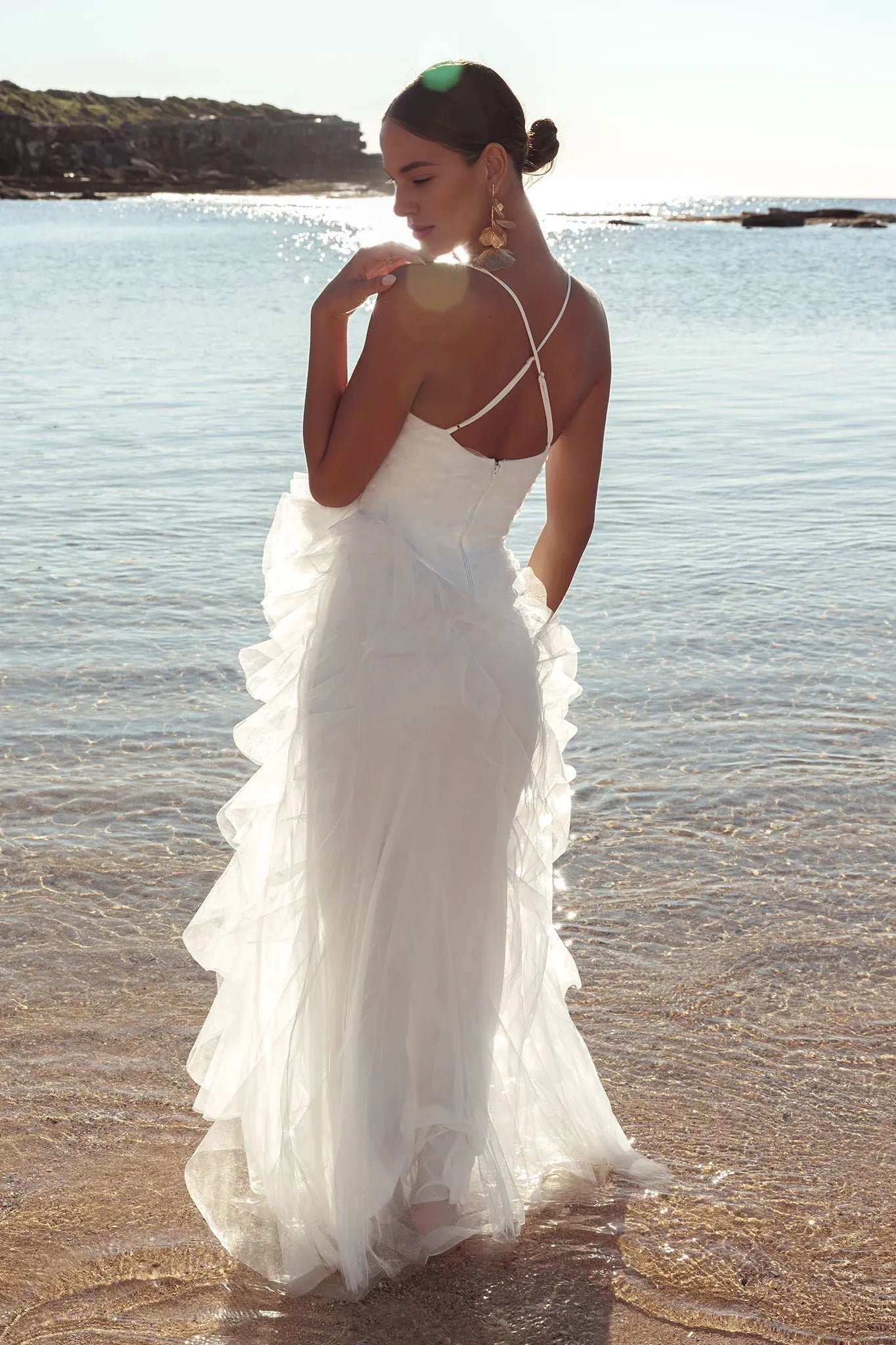 Spaghetti Straps Tulle Off White Maxi Evening Dress Party Dress With Slit