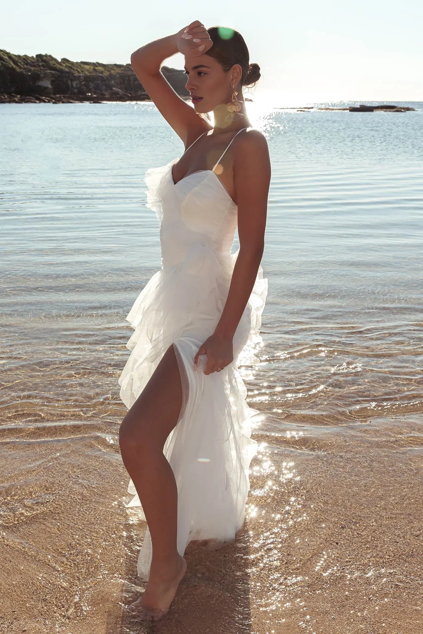 Spaghetti Straps Tulle Off White Maxi Evening Dress Party Dress With Slit