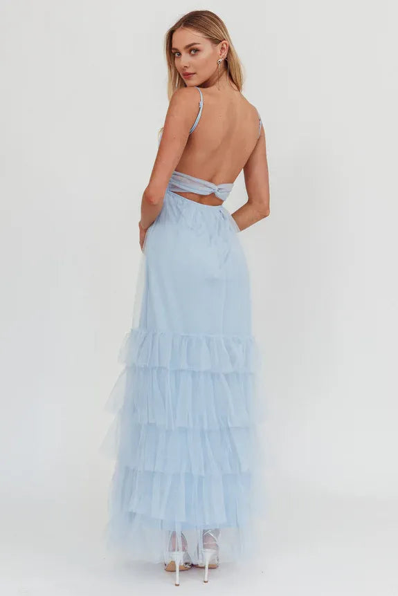 Spaghetti Straps Twist Back Frill Trim Mesh Steel Blue Maxi Homecoming Dress Prom Dress