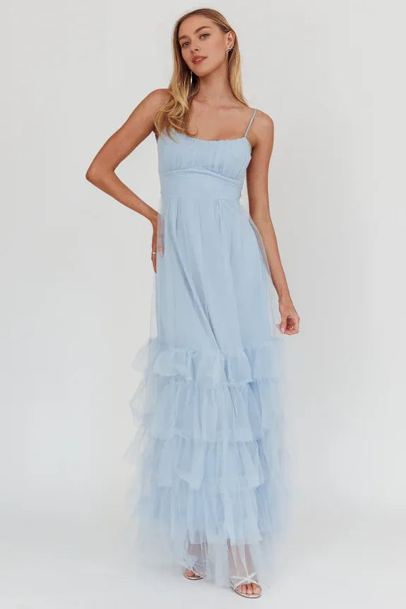 Spaghetti Straps Twist Back Frill Trim Mesh Steel Blue Maxi Homecoming Dress Prom Dress