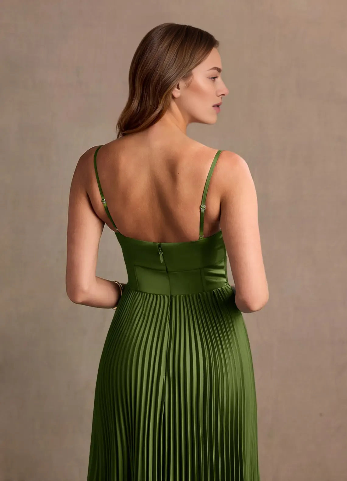 Spaghetti Straps Twisted knot Pleated Satin Olive Green Long Prom Dress