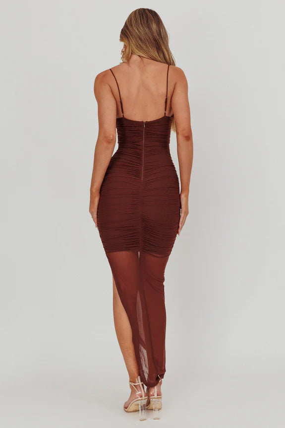 Spaghetti Straps V-Bust Sheer Split Chocolate Midi Homecoming Dress Prom Dress