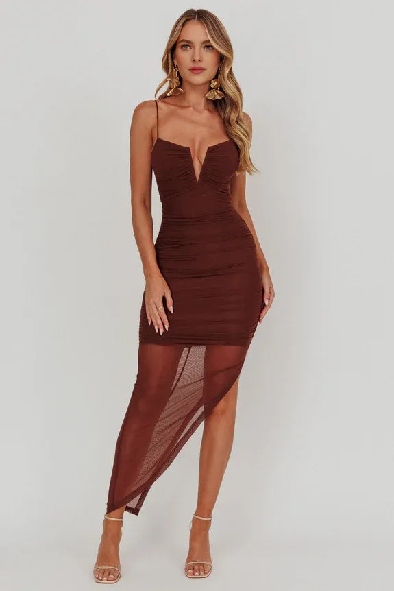Spaghetti Straps V-Bust Sheer Split Chocolate Midi Homecoming Dress Prom Dress