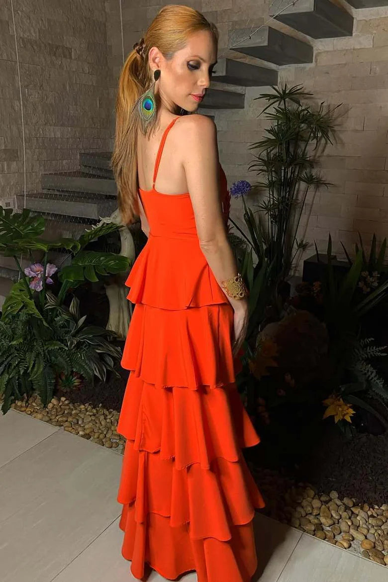 Spaghetti Straps V-Neck Layered Sleeveless Long Prom Dress