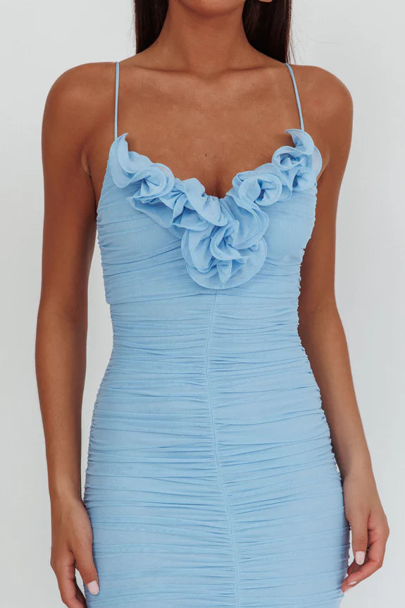 V Neck Spaghetti Straps Ruffle Ruched Blue Midi Homecoming Dress Prom Dress