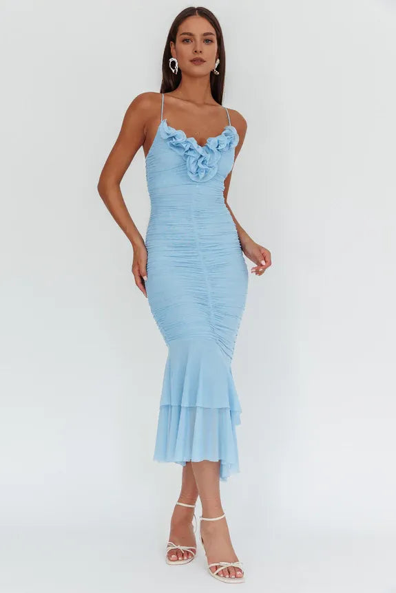 V Neck Spaghetti Straps Ruffle Ruched Blue Midi Homecoming Dress Prom Dress