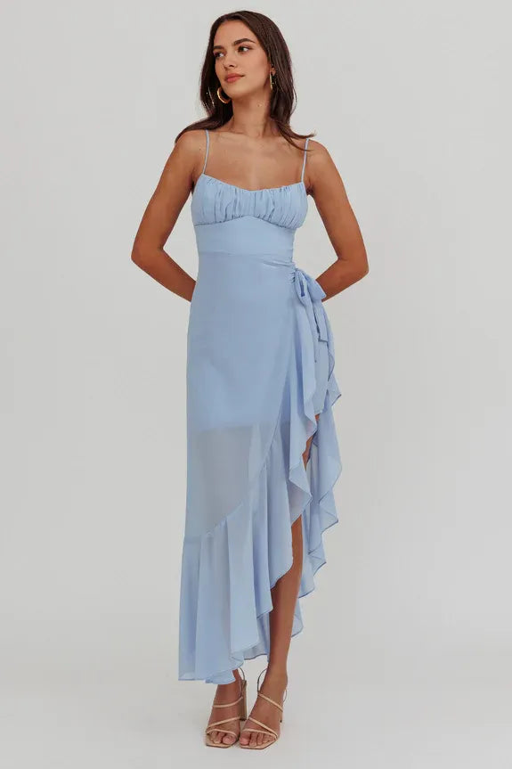 Spaghetti Straps Waist Tie Asymmetric Steel Blue Maxi Homecoming Dress Prom Dress